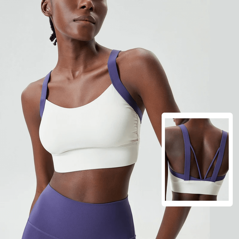 Women's two-tone athletic bra top SF2091 with sleek sporty look, showcasing unique back design for yoga and fitness activities.